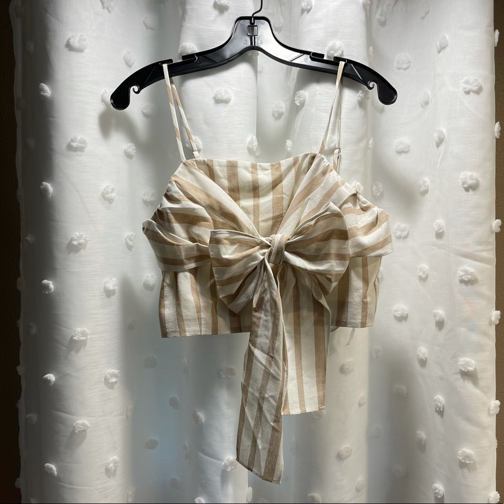 Ivory & Tan Striped Crop Top with Bow